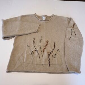 Alps Womens Med Beige Cotton Knit Botanical Embroidered Kangaroo Pocket Sweater